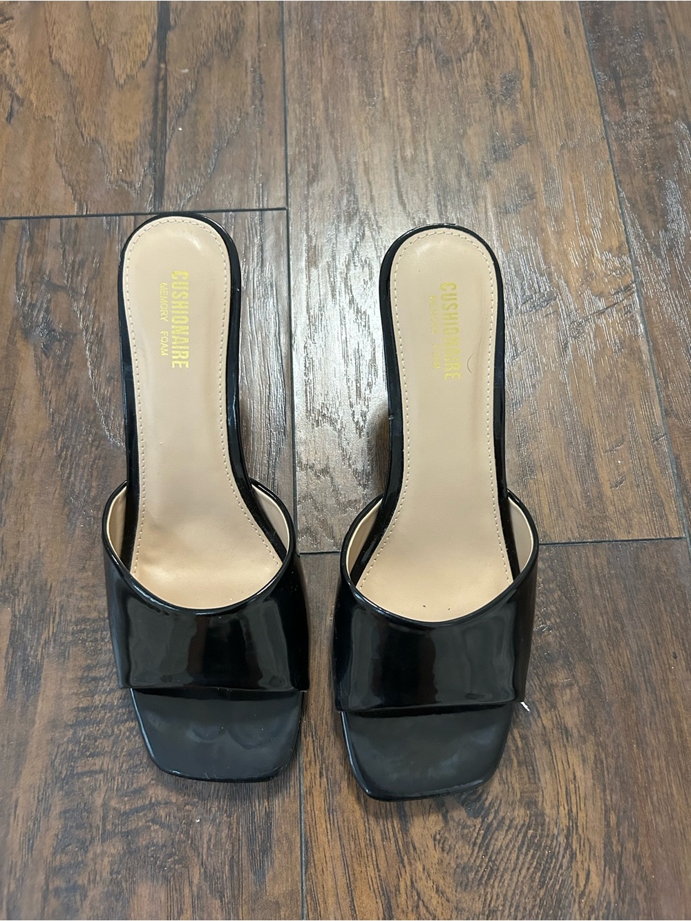 Black Patent Slide Mules with Cushioned Insole by Cushionaire